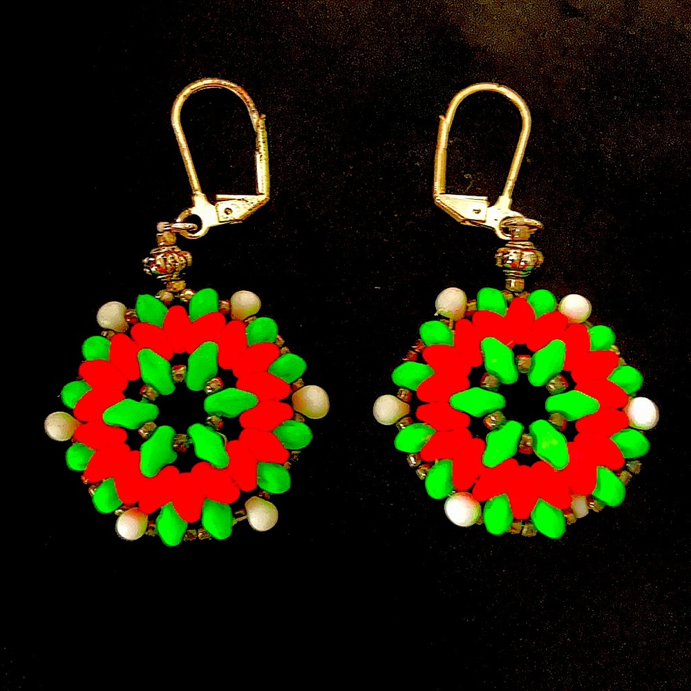 Handmade Neon psychedelic beaded earrings. Stand out under black light.